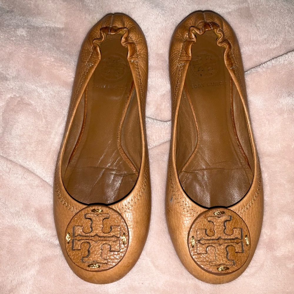Tory Burch Tan Flats with Iconic Medallion